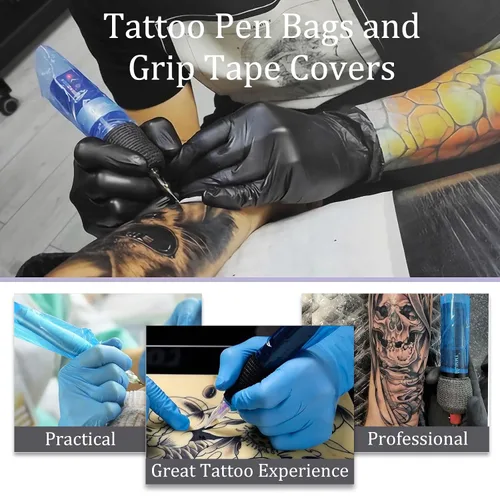 Vista 6 de Cubierta para máquina de bolígrafo de tatuaje y cintas de agarre, 200 piezas de fundas grandes para bolígrafos, bolsas para máquina y 4 envolturas