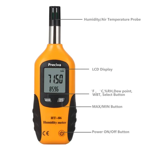 Vista 8 de Preciva Termohigrómetro digital psicómetro, mini medidor LCD de temperatura y humedad con punto de rocío y temperatura de bombilla húmeda
