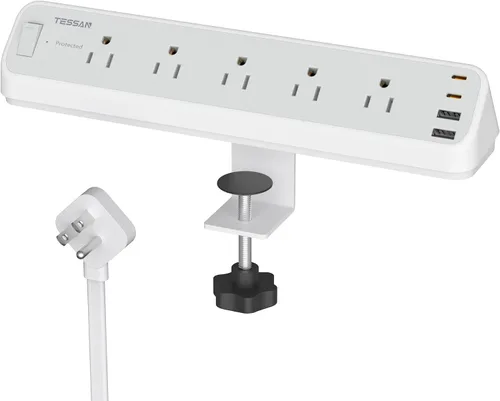 Vista 10 de Regleta de Energía con Abrazadera para Escritorio Negra, TESSAN Cable de Extensión de Enchufe Plano de 6 Pies con Múltiples Tomacorrientes, 5