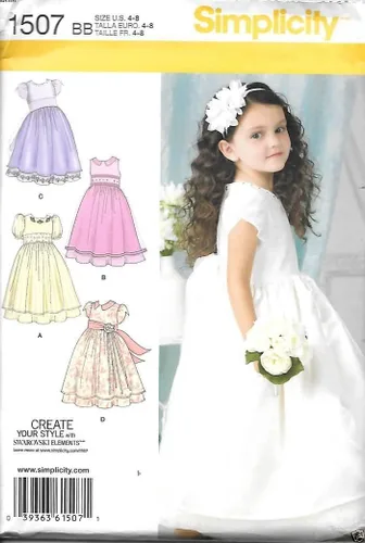 Vista 3 de Simplicity 1507 - Vestido formal para niña pequeña, patrón de costura, tallas 4-8