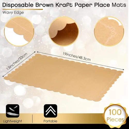 Vista 2 de 100 manteles individuales desechables de papel kraft marrón, rectangular, rústico, estampado, festoneado, marrón, para bodas, aniversarios, fiestas