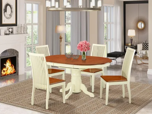 Vista 2 de East West Furniture AVIP5-BMK-W - Juego de mesa y sillas de cocina de 5 piezas, incluye una mesa de comedor ovalada con hoja de mariposa y 4 sillas