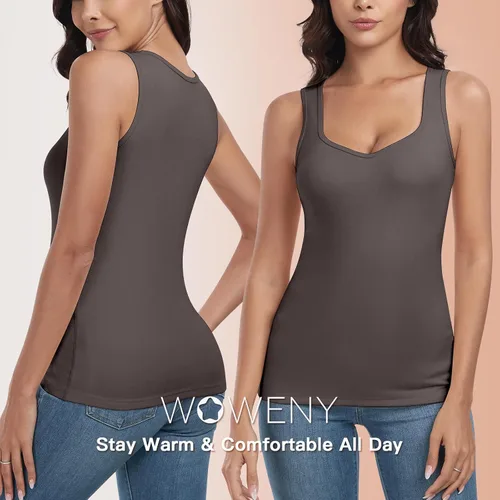 Vista 3 de WOWENY Camiseta sin mangas de forro polar térmico para mujer, sin mangas, cuello corazón, chaleco de invierno, ropa interior, camiseta cálida