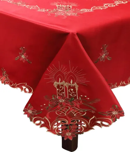 Vista 5 de Creative Linens Mantel Navideño Bordado con Flor de Pascua Vela Campana 70x90 Rectangular con 8 Servilletas ROJO Dorado