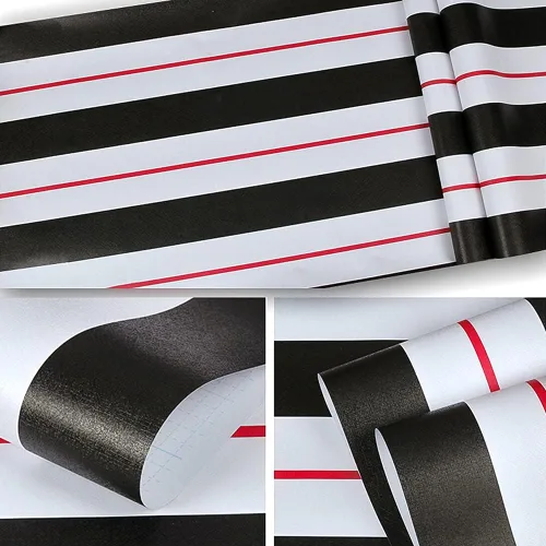 Vista 6 de Papel de contacto a rayas para despegar y pegar, papel tapiz a rayas de 17.7 pulgadas x 9.8 pies, color rojo/negro, extraíble, adhesivo autoadhesivo