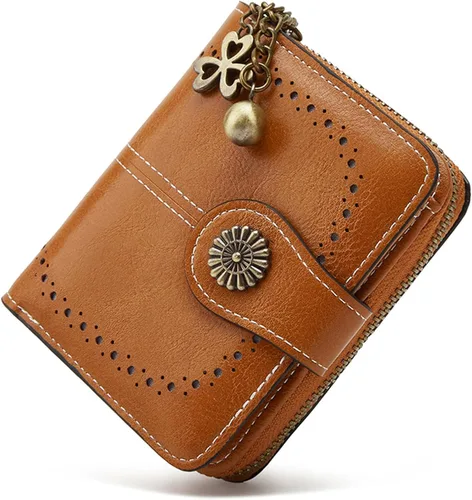 Vista 15 de Cartera pequeña para mujer, de piel, plegable, compacta, con bloqueo RFID, con bolsillo con cremallera para monedas, A01 Rojo Vino, Classic