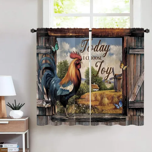 Vista 6 de Miyotaa - Cortinas rústicas de granja con diseño de pollo para cocina, 2 paneles, 27.5 pulgadas de ancho x 39 pulgadas de alto, bolsillo
