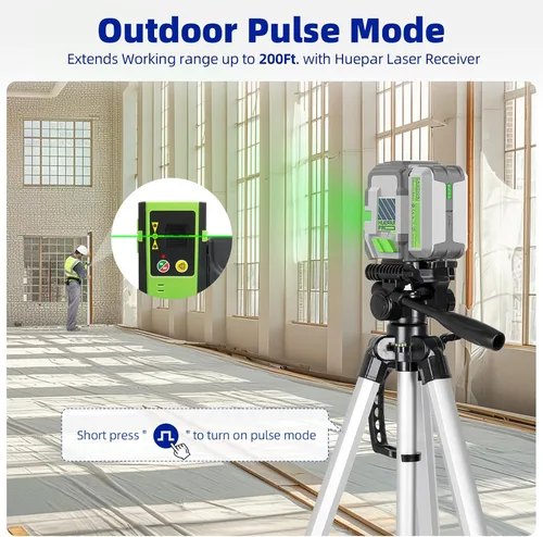 Vista 5 de Huepar Pro Herramienta de nivel láser recargable, autonivelante de línea cruzada verde con modo de pulso al aire libre, tiempo de funcionamiento