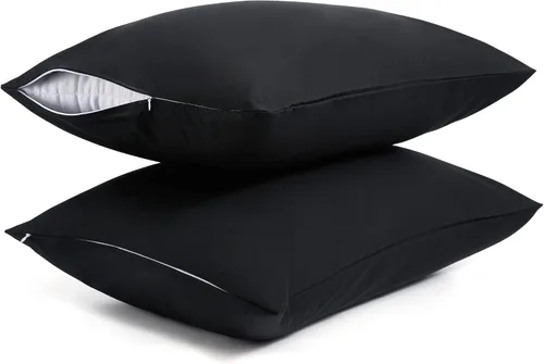 Vista 12 de Protectores/Fundas de Almohada de Algodón Tamaño Estándar con Cremallera Paquete de 2 Color Gris, Protectores de Almohada de Cama Refrescantes
