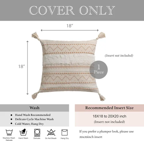 Vista 5 de BlissBlush Funda de cojín cuadrada de 18 x 18 pulgadas, color beige neutro, funda de cojín decorativa cuadrada de estilo bohemio con detalles