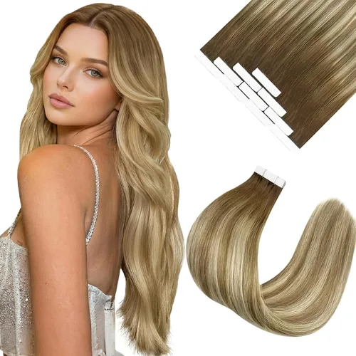 Vista 42 de Ve Sunny Extensiones de cabello humano real con cinta, cabello humano Remy, lacio, doble cara, color marrón oscuro, balayage, rubio dorado oscuro