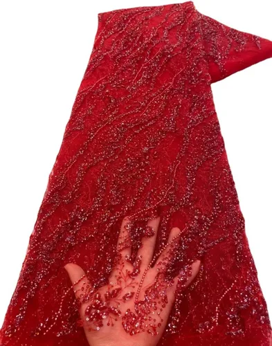 Vista 4 de Tela de encaje africano bordada con lentejuelas, con cuentas de artesanía pesadas y brillo floral, de tul francés, para vestido con cola, 4,5 Negro