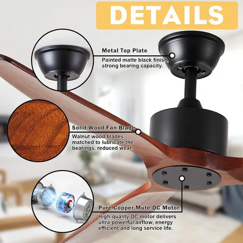 Vista 4 de Ventilador de techo de madera de 3 aspas de 52 pulgadas sin luz, ventilador de techo reversible sin ruido con motor de corriente continua sin luz