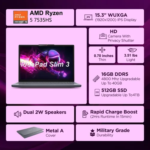 Vista 2 de Lenovo Portátil para juegos, AMD 6 núcleos Ryzen 5 7535HS, 16 GB DDR5 RAM, 1 TB PCIe SSD, gráficos Radeon 660M, pantalla FHD IPS de 15 pulgadas, PC