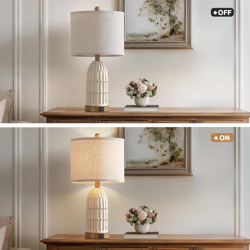 Vista 7 de Touch Table Lamp for Bedroom Nightstand, Cream Farmhouse Vintage Rustic 3-Way Dimmable Bedside Lamps with 2 USB Charging Ports,Single Cream