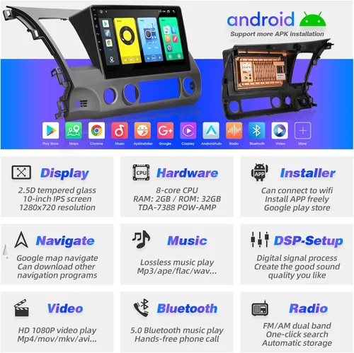 Vista 3 de Pantalla táctil Android compatible con Carplay Android Auto, radio de coche estéreo Bluetooth navegación reproductor multimedia GPS WiFi FM/AM
