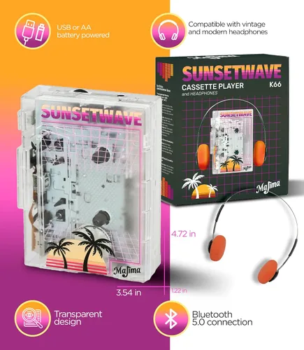 Vista 4 de Reproductor de cassette Bluetooth con radio FM, diseño portátil transparente, regalo de audio retro, compatible con alimentación USB o pilas AA