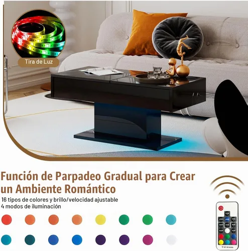 Vista 4 de HedoAjim - Mesa de café LED negra con almacenamiento para sala de estar, mesa de centro rectangular para sala de estar, mesas de café modernas