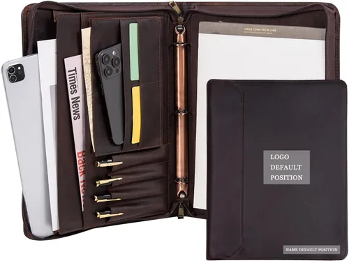 Vista 13 de Portafolio Personalizado de Cuero con Nombre Grabado, Organizador de Negocios Profesional con Cremallera para Hombres, Carpeta de Anillas
