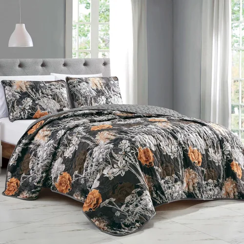Vista 10 de ESCA - Juego de colcha de 3 piezas, tamaño Queen, con estampado de girasoles amarillos reversible, floral negro y verde