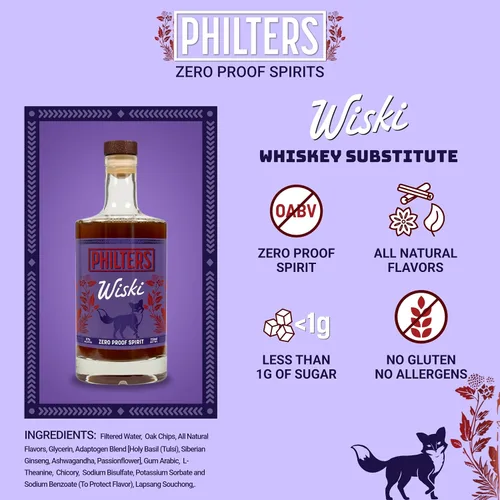 Vista 4 de Philters Wiski sin alcohol, alcohol de whisky a prueba cero, bebida alternativa hecha en Estados Unidos, todos los sabores naturales, 25 onzas