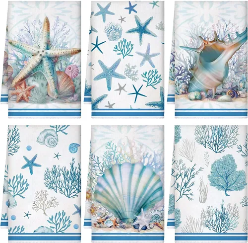 Vista 9 de Boyiee - Juego de 6 toallas de cocina de playa con temática marina, toallas de té náuticas con animales del mar, 60 x 40 centímetros, regalos
