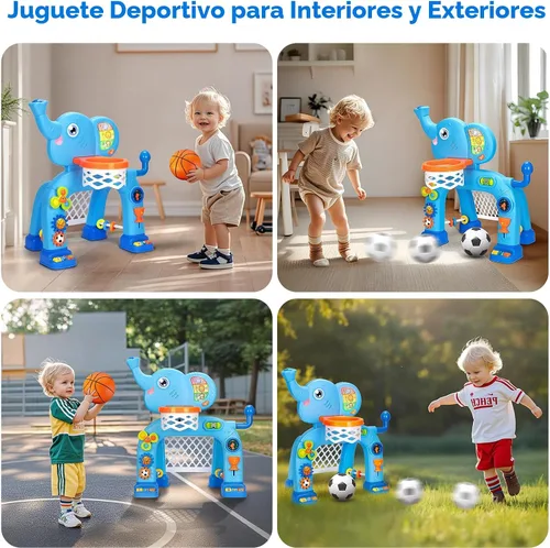 Vista 2 de Aro de baloncesto y portería de fútbol para niños de 1, 2, 3 años, juguete deportivo para niños con música de sonido ligero, juguetes Montessori Azul