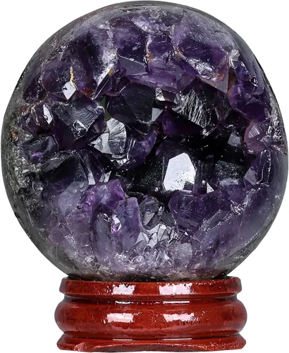 Vista 9 de Nupuyai Esfera decorativa de cristal de amatista con soporte de madera, escultura de piedra esfera, bola de cuarzo para decoración de oficina