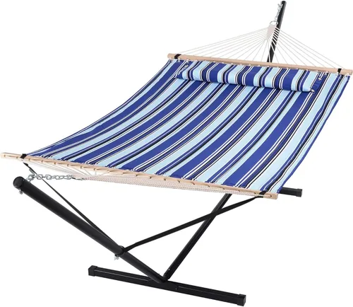 Vista 8 de SUNCREAT Hammocks Hamaca doble extragrande con soporte de 12 pies, capacidad de 475 libras, hamaca portátil al aire libre con barra separadora