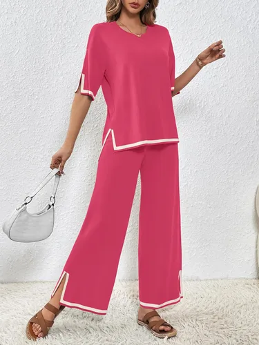 Vista 7 de SuperPrity Conjunto de suéter para mujer de 2 o 3 piezas, de manga cortalarga, suéter de punto, de cintura alta, pantalones de pierna ancha