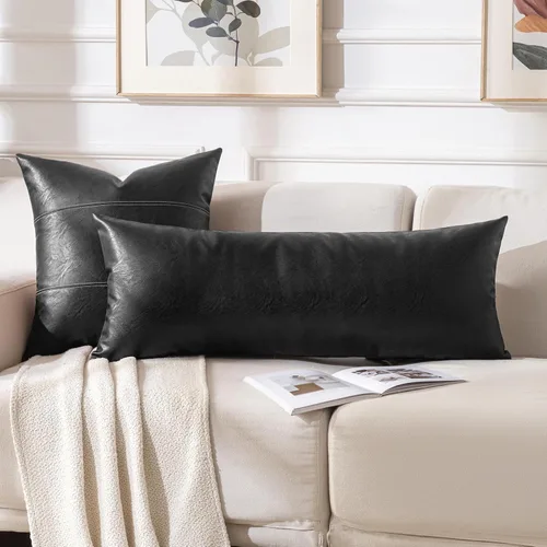 Vista 5 de Fancy Homi - Funda de almohada decorativa de cuero sintético larga lumbar bohemia negra de 14 x 36 pulgadas para dormitorio, sofá, cama, banco Negro