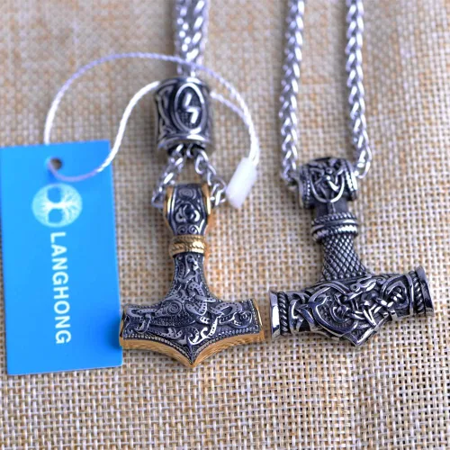 Vista 2 de Collar de martillo de Thor vikingo nórdico Mjolnir para hombre, joyería de talismán