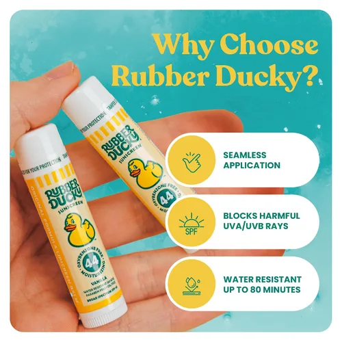 Vista 7 de Rubber Ducky Protector solar labial SPF 44, bálsamo labial vegano para niños con vitamina E, protección UV, resistente al agua, sin tintar, sabor a