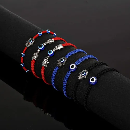 Vista 5 de Pulseras de mal de ojo para mujer, 7 nudos, color rojo de la suerte, ajustable, ojo turco, cábala, pulsera de cuerda roja para niñas