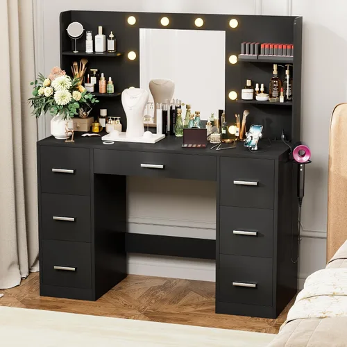 Vista 9 de VICTONE Escritorio de tocador con espejo iluminado LED y toma de corriente, 3 modelos de luces, mesa de tocador de maquillaje con 7 cajones y 6