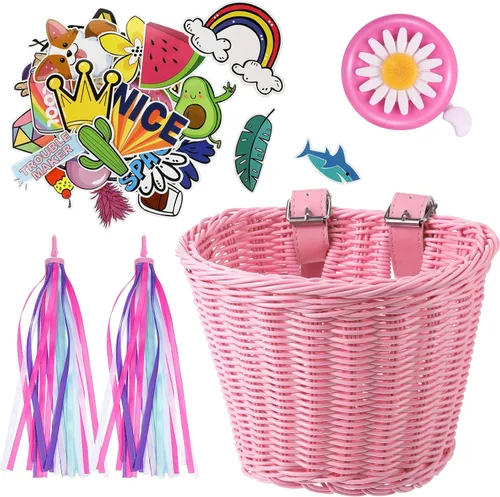 Vista 12 de Set de serpentinas para cesta de bicicleta para niños, cesta de mimbre para manillar de bicicleta con serpentinas de bicicleta coloridas, campana