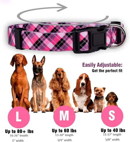 Vista 3 de Native Pup Collar de perro a cuadros, leñador rojo, tartán, azul, rosa, ajustable para perros grandes y pequeños (rosa, pequeño)