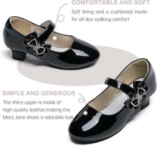 Vista 5 de Dufannie Zapatos de vestir para niñas, zapatos de tacón bajo de princesa, zapatos planos con purpurina para bodas y fiestas