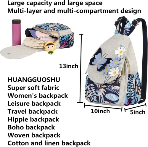 Vista 57 de HUANGGUOSHU Mochila de algodón tejida de algodón bohemio con bordado de lona estilo bohemio con múltiples bolsillos retro linda mochila cartera