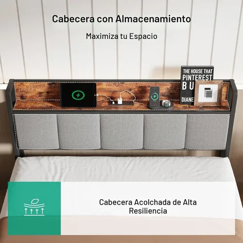 Vista 5 de Novilla Base de cama Queen con estación de carga USB/tipo C y cabecera de almacenamiento, marco de cama de plataforma de metal moderno, fácil