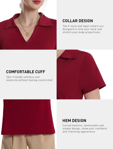Vista 6 de Camisas polo con cuello en V para mujer, manga corta, cuello de golf Negro/Azul/Vino Rojo