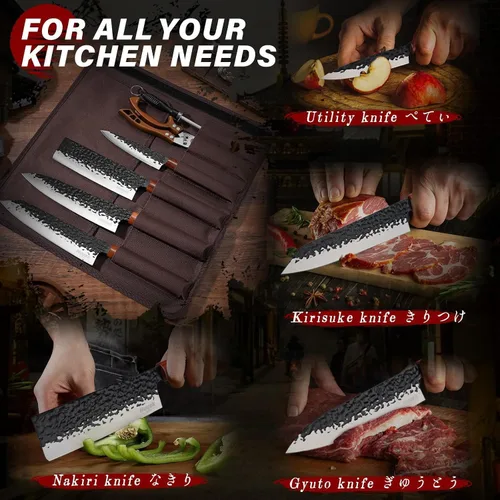 Vista 5 de Huusk Juego de cuchillos japoneses de 6 piezas con fundas - Juego de cuchillos de chef profesional con bolsa y afilador, juegos de cuchillos