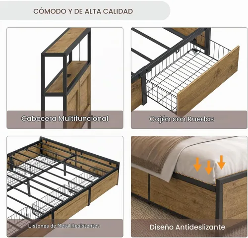 Vista 4 de KISLOT Juego de dormitorio de 3 piezas con almacenamiento, marco de cama con luces LED, marco de cama de metal industrial con estación de carga, 6