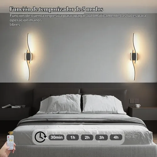 Vista 8 de Daunton Moderno juego de 2 apliques de pared cableados, luz LED negra con control remoto, luz de pared LED regulable RC para interiores, decoración