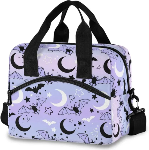 Vista 12 de MNSRUU Bolsa de almuerzo aislada murciélagos y flores vintage mujeres hombres tela tote enfriadora para cena bolsa reutilizable a prueba de fugas