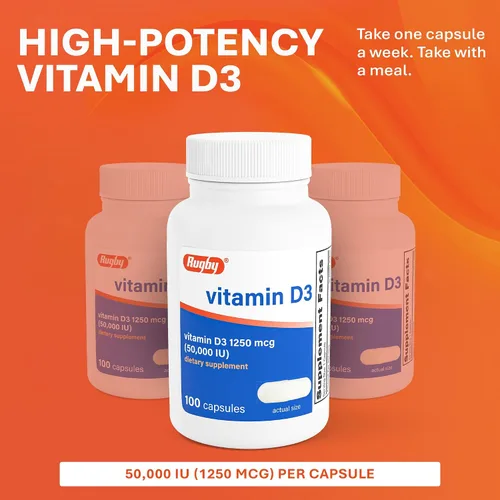 Vista 4 de Rugby Vitamina D3 50,000 UI (1250 mcg) - Suplemento de vitamina D de alta potencia para huesos, dientes e inmunidad, 100 cápsulas
