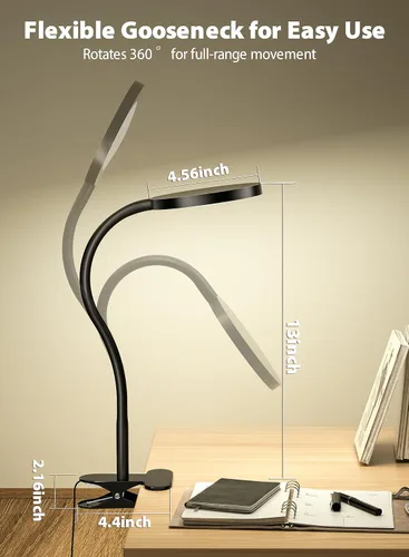 Vista 4 de Luz de lectura con clip negro, luz de libro de 450 LM, CRI95, 3 modos de atenuación continua CRI95 eye-caring LED provides natural lighting for