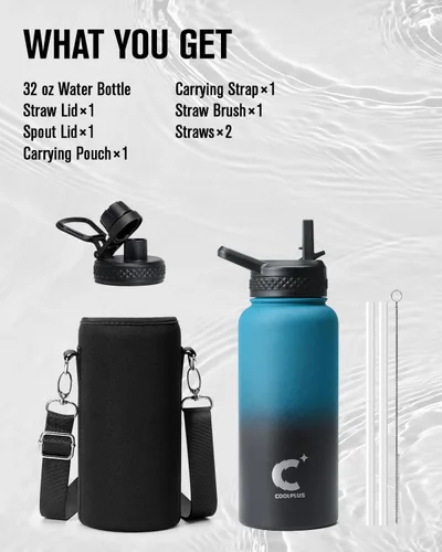 Vista 7 de Coolplus - Botella de agua de 32 onzas aislada, frasco de agua de acero inoxidable 304 18/8 con pajilla, de metal de doble pared al vacío con funda