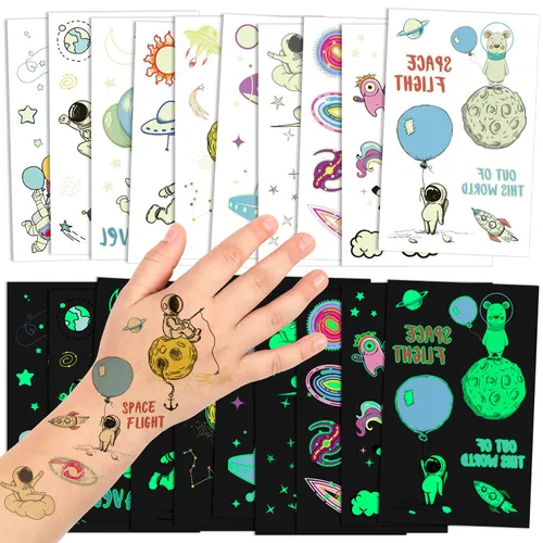 Vista 2 de PHOGARY 20 hojas de calcomanías espaciales para niños (brillan en la oscuridad), tatuajes falsos para niños, divertidos tatuajes temporales como