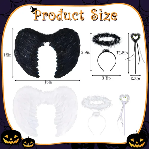 Vista 2 de Juexica 6 piezas de alas de ángel y diadema con varita para niños y adultos alas de plumas unisex disfraces de Halloween disfraces juego de hadas